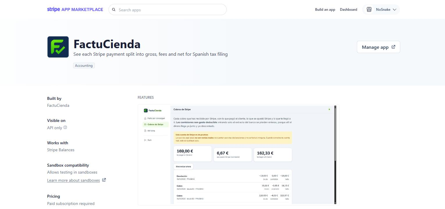 Ficha de FactuCienda en el App Marketplace de Stripe, categoría Accounting